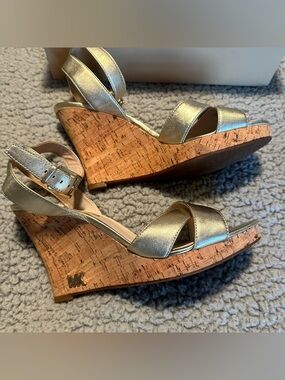 Michael Kors Metallic Gold Leather Cork Wedge Sandals